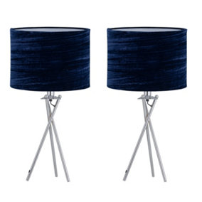 First Choice Lighting Set of 2 Chrome Tripod Table Lamps with Navy Blue Crushed Velvet Shades