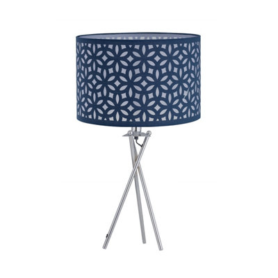 First Choice Lighting Set of 2 Chrome Tripod Table Lamps with Navy Blue Laser Cut Shades