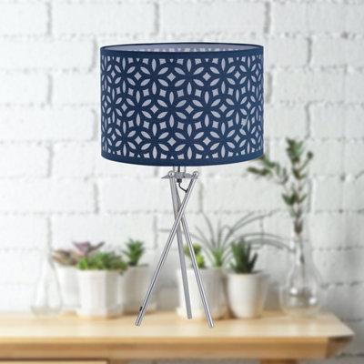 First Choice Lighting Set of 2 Chrome Tripod Table Lamps with Navy Blue Laser Cut Shades
