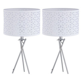 First Choice Lighting Set of 2 Chrome Tripod Table Lamps with White Laser Cut Shades