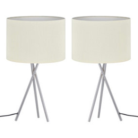 First Choice Lighting Set of 2 Chrome Tripod Table Lamps with White Micropleat Shades