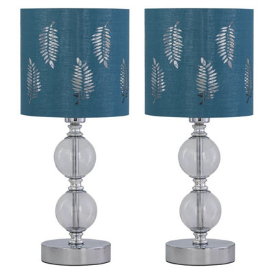 First Choice Lighting Set of 2 Chrome Two Ball Table Lamps with Teal Fern Shades