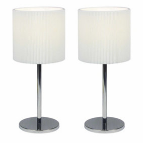 First Choice Lighting Set of 2 Chrome White Pleated Table Lamp With Shades