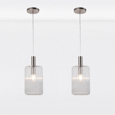 First Choice Lighting Set of 2 Clear and Brushed Chrome Fluted Glass Design Pendant Fittings