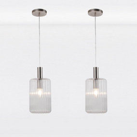 First Choice Lighting Set of 2 Clear and Brushed Chrome Fluted Glass Design Pendant Fittings