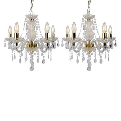First Choice Lighting Set of 2 Clear and Gold Marie Therese Style 5 x 40W Chandelier