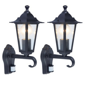 First Choice Lighting - Set of 2 Corniche Black Lantern Style Outdoor Sensor Wall Lights