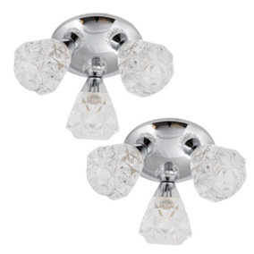 First Choice Lighting Set of 2 Crystal Chrome Clear Moulded Glass 3 Light Flush Ceiling Lights