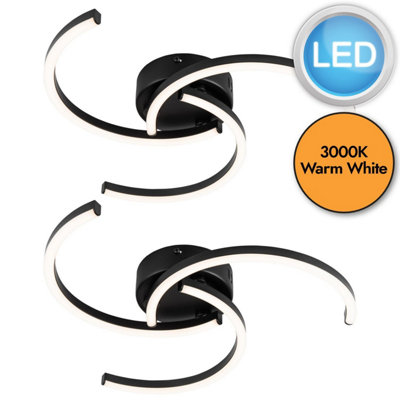 First Choice Lighting Set of 2 Curve Black LED Flush Ceiling Lights