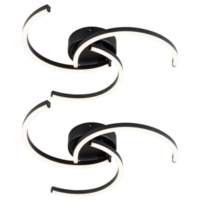 First Choice Lighting Set of 2 Curve Black LED Flush Ceiling Lights