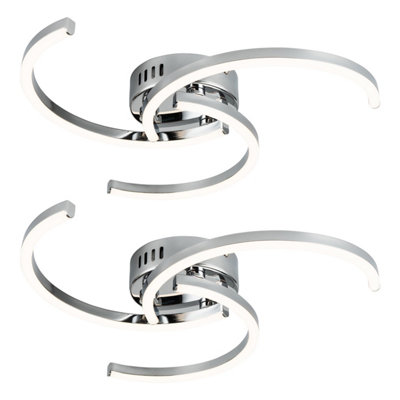 First Choice Lighting Set of 2 Curve LED Chrome 3 Light Flush Ceiling Lights