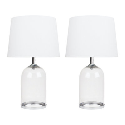 First Choice Lighting Set of 2 Curved Clear Glass Cloche Table Lamps With White Shades