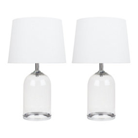 First Choice Lighting Set of 2 Curved Clear Glass Cloche Table Lamps With White Shades
