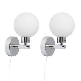 First Choice Lighting Set of 2 Dais Chrome Opal Glass IP44 Pull Cord Bathroom Wall Lights