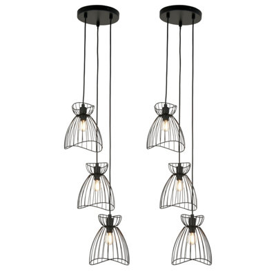 First Choice Lighting - Set of 2 Diablo Black Cage Design 3 Light Ceiling Pendant Lights