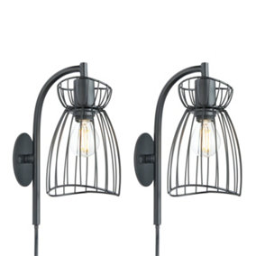 First Choice Lighting - Set of 2 Diablo Black Cage Design Plug In Wall Lights