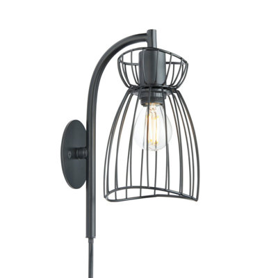 First Choice Lighting - Set of 2 Diablo Black Cage Design Plug In Wall Lights