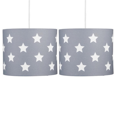 First Choice Lighting Set of 2 Digi Dark Grey White Stars Print 25 cm Easy Fit Fabric Pendant Shades