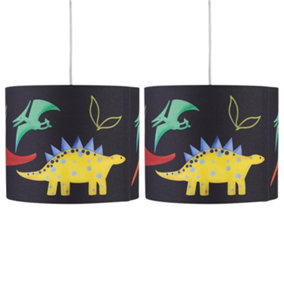 First Choice Lighting Set of 2 Digi Dinosaur Print 25 cm Easy Fit Fabric Pendant Shades