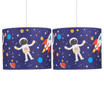 First Choice Lighting Set of 2 Digi Spaceman Print 25 cm Easy Fit Fabric Pendant Shades