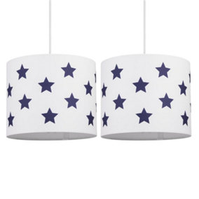 First Choice Lighting Set of 2 Digi White With Blue Stars Print 25 cm Easy Fit Fabric Pendant Shades