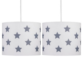 First Choice Lighting Set of 2 Digi White With Dark Grey Stars Print 25 cm Easy Fit Fabric Pendant Shades