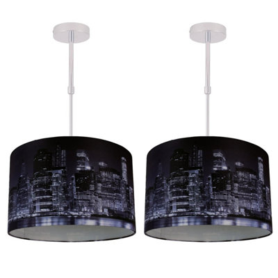 First Choice Lighting Set of 2 Digitally Printed Shade with New York City Skyline 320mm Diameter Adjustable Flush