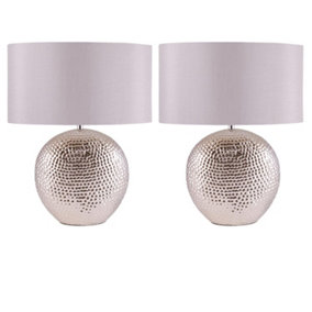 First Choice Lighting Set of 2 Dimpled Oval Chrome Plated Ceramic Bedside Table Light Base with Grey Faux Silk Oval Fabric Shade
