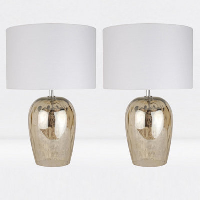 First Choice Lighting Set of 2 Dual Clear Champagne Glass Dropper Ivory Table Lamp With Shades