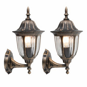 First Choice Lighting Set of 2 Durham Black Gold Clear Glass IP44 Outdoor Wall Lights