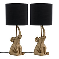 First Choice Lighting Set of 2 Elephant Gold Resin Table Lamps With Black Fabric Shades