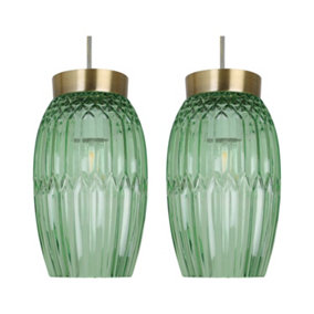 First Choice Lighting Set of 2 Facet Antique Brass with Green Faceted Glass Pendant Shades