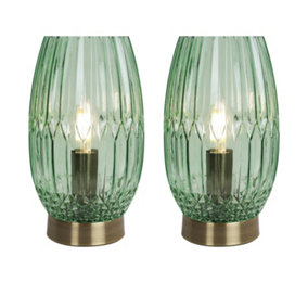 First Choice Lighting Set of 2 Facet Antique Brass with Green Faceted Glass Table Lamps