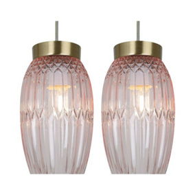 First Choice Lighting Set of 2 Facet Antique Brass with Pink Faceted Glass Pendant Shades