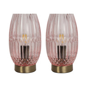 First Choice Lighting Set of 2 Facet Antique Brass with Pink Faceted Glass Table Lamps