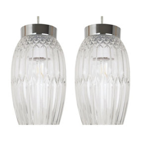 First Choice Lighting Set of 2 Facet Chrome with Clear Faceted Glass Pendant Shades