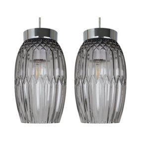First Choice Lighting Set of 2 Facet Chrome with Smoke Faceted Glass Pendant Shades