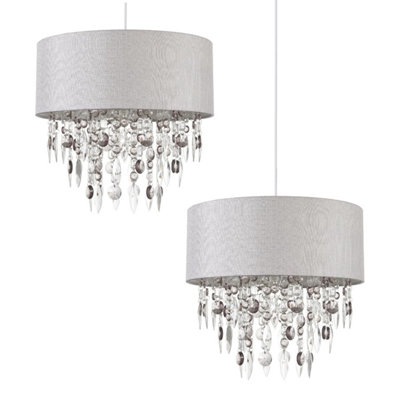 First Choice Lighting Set of 2 Fiji Clear Smoke Grey Linen 40 cm Easy Fit Jewelled Pendant Shades