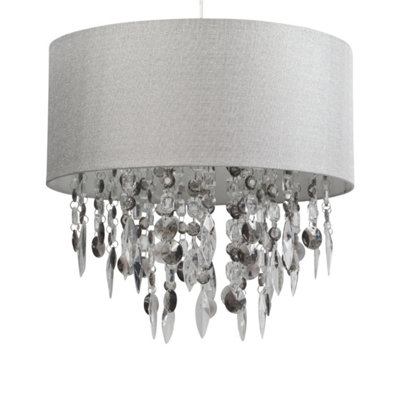 First Choice Lighting Set of 2 Fiji Clear Smoke Grey Linen 40 cm Easy Fit Jewelled Pendant Shades