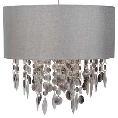 First Choice Lighting Set of 2 Fiji Clear Smoke Grey Linen 40 cm Easy Fit Jewelled Pendant Shades