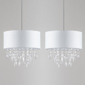 First Choice Lighting Set of 2 Fiji Clear White 40 cm Easy Fit Jewelled Pendant Shades