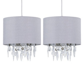 First Choice Lighting Set of 2 Fiji Grey Linen with Silver Fleck Detail Jewelled Pendant Shades