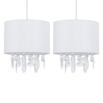 First Choice Lighting Set of 2 Fiji White Linen with Silver Fleck Detail Jewelled Pendant Shades
