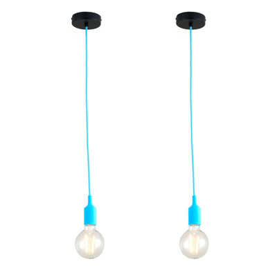 First Choice Lighting - Set of 2 Flex Blue Silicone Ceiling Pendant Lights with Black Ceiling Rose