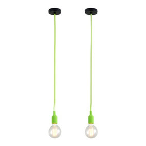 First Choice Lighting - Set of 2 Flex Green Silicone Ceiling Pendant Lights with Black Ceiling Rose