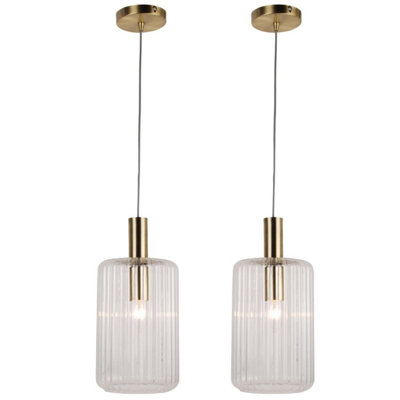 First Choice Lighting Set of 2 Fluted Glass Design Pendant Fitting Finished with Clear Glass and Bronze Effect Colour