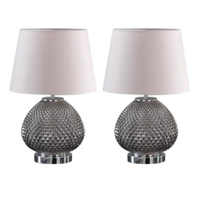 First Choice Lighting Set of 2 Fraser Smoked Cut Glass Chrome White Table Lamp With Shades