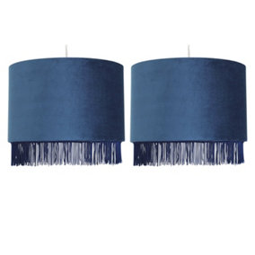 First Choice Lighting Set of 2 Fringed Navy Blue 23cm Fringed Velvet Pendant Shades