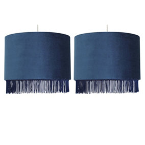 First Choice Lighting Set of 2 Fringed Navy Blue 38cm Fringed Velvet Pendant Shades
