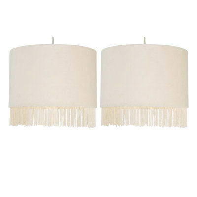 First Choice Lighting Set of 2 Fringed Off White 23cm Fringed Velvet Pendant Shades